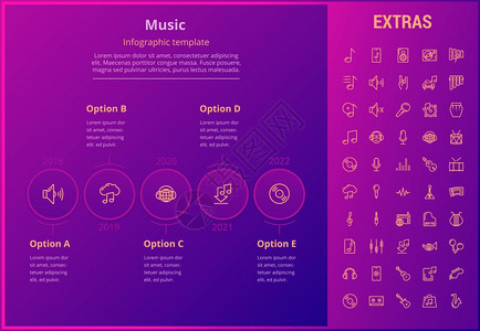 音乐选项信息模板元素和图标信息表包括带有乐器音笔记麦克风智能手机和移动应用程序乙烯记录等同器内容的线条图标音乐信息模板元素和图标图片