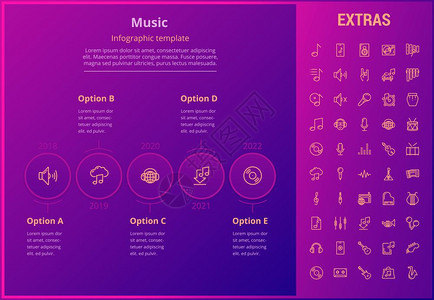 音乐选项信息模板元素和图标信息表包括带有乐器音笔记麦克风智能手机和移动应用程序乙烯记录等同器内容的线条图标音乐信息模板元素和图标图片