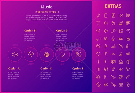 音乐选项信息模板元素和图标信息表包括带有乐器音笔记麦克风智能手机和移动应用程序乙烯记录等同器内容的线条图标音乐信息模板元素和图标图片