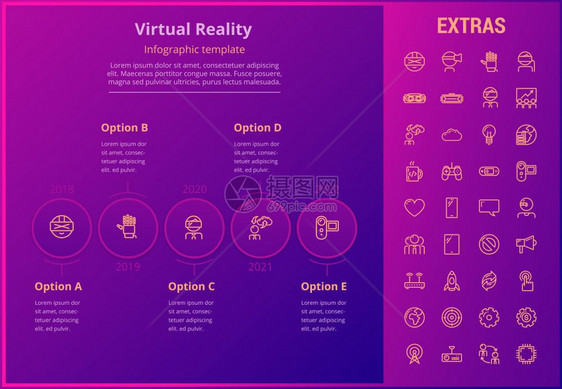 虚拟现实选项信息模板元素和图标信息表包括带有虚拟现实眼镜vr技术视频游戏控制台云计算全球网络等的线图标虚拟现实信息模板和元素图片