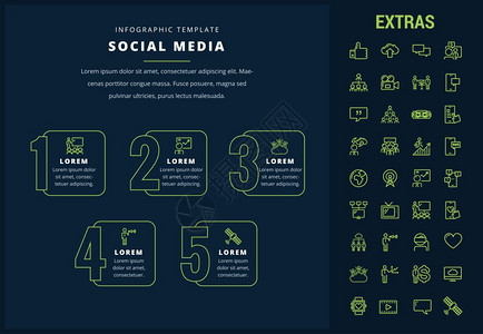 社交媒体选择信息模板元素和图标信息表包括以tv集网络连接电子邮件互联网技术组织图手机等组的线图标社交媒体信息模板元素图标图片