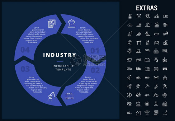 工业信息模板元素和图标表包括可定制的圆形图由采矿设备化石燃料传送带核电厂等组成的线图标元素和图片