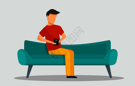 在沙发横的线上拥有智能手机的男子平面插图显示在沙发横的线上拥有智能手机的病媒男子用于网络设计在沙发横平面风格上拥有智能手机的男子图片