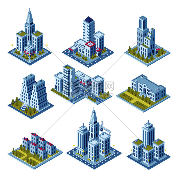 多组3d建筑模型矢量插画图片