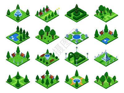 3d城市景观矢量绿色公园花树喷泉和灌木长椅池塘元素图片