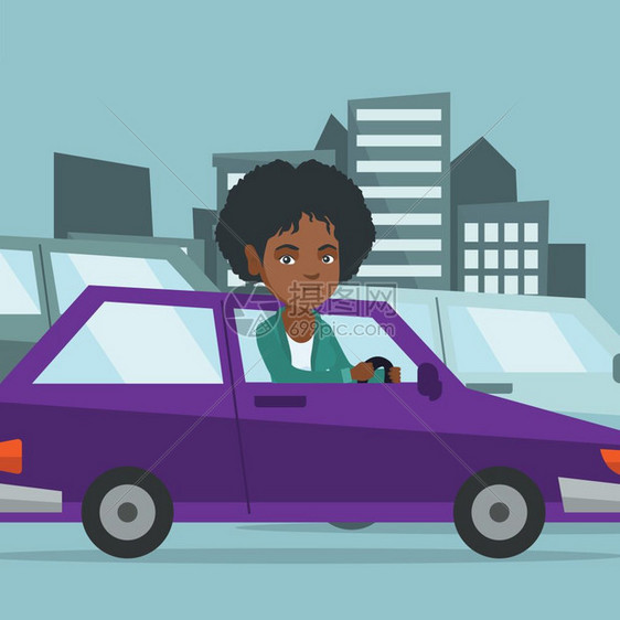 黑人司机在交通堵塞的马路上按喇叭矢量卡通插画图片