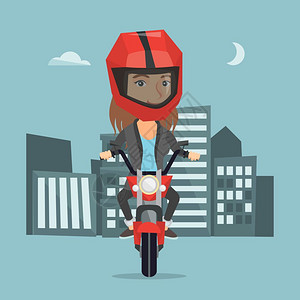 在夜市背景下骑摩托车戴头盔的妇女图片