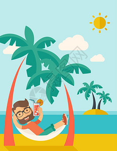 沙滩上一位年轻的男士在阳光下放松喝鸡尾酒矢量设计图图片