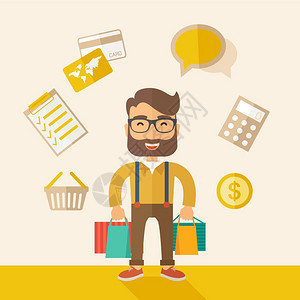 一个有购物袋和清单计算器篮子信用卡和钱财的有趣商人矢量平面设计图图片