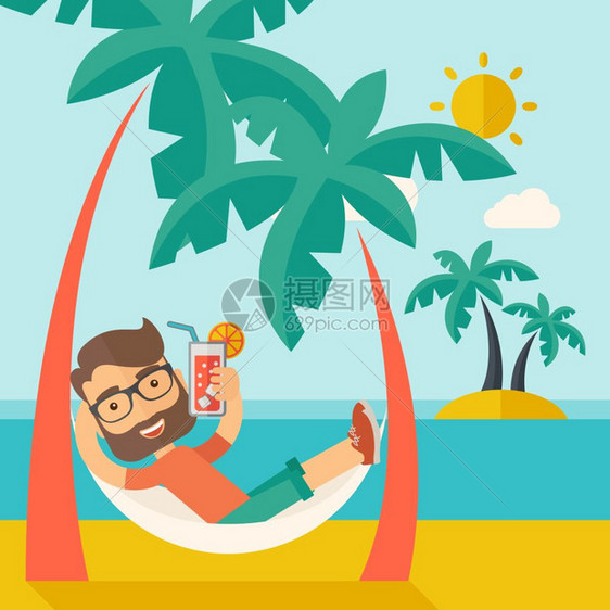 沙滩上一位年轻男士在阳光下放松和喝鸡尾酒矢量插图图片