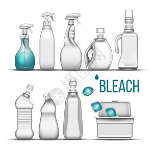 用于漂白清洁剂成套病媒的塑料瓶装有帽子的不同瓶喷雾剂和清洁物质蒸气和液体肥皂的容器箱现实的3d插图漂白剂成套病媒的塑料瓶子图片