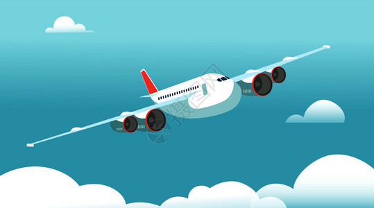 飞行路线白云和蓝色天空的飞行航空客机插画