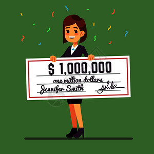 卡通举微笑的年轻女持有一百万美元的货币奖项支票彩赢钱和赌博媒介