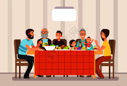卡通矢量插图客厅中共进午餐家庭背景图片