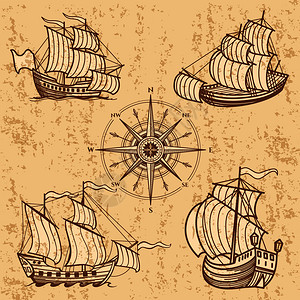 风帆船手绘风格插画图片