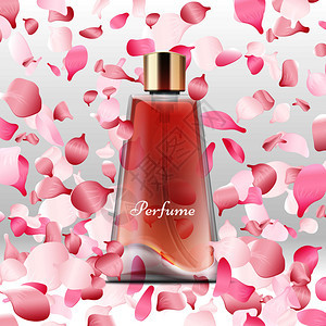 真实的香水瓶和飞粉花瓣背景带有芳香的美丽花瓶产品矢量说明现实的香水瓶和飞粉红花瓣背景图片