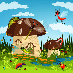 昆虫和蘑菇室内插图图片