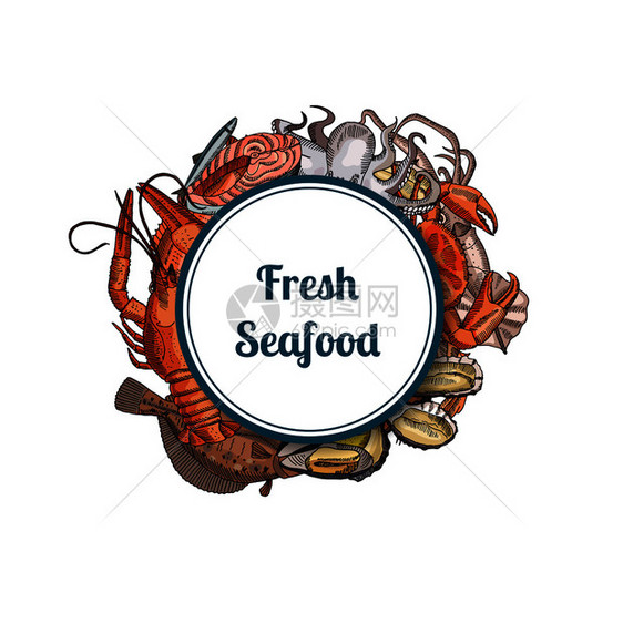 海产食品元素在框架圆下绘制为文本插图提供位置图片