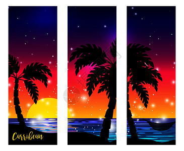 带有棕榈树双影和海洋日落矢量插图图片