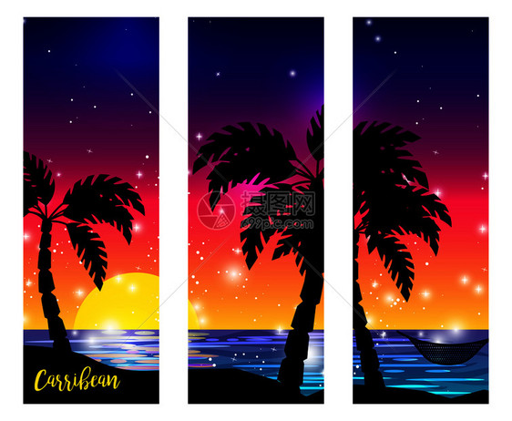 带有棕榈树双影和海洋日落矢量插图图片