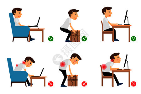 男坐着工作和举重物正确不的姿势矢量说明人正确和不的姿势图片