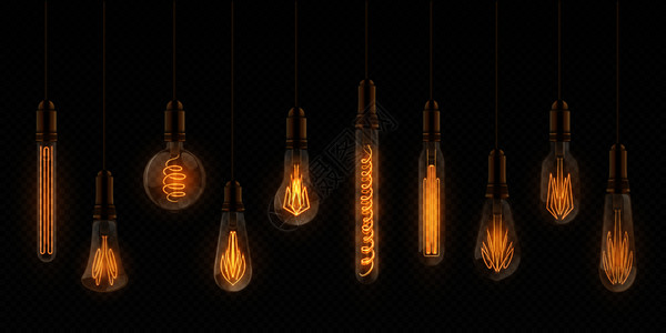 现实的灯泡电光室内装饰元素挂在线上的灯泡矢量在透明背景上设置现实的活灯泡现实的电光挂在线上的灯泡图片