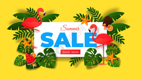 夏季销售火烈鸟与植物矢量折纸海报设计图图片
