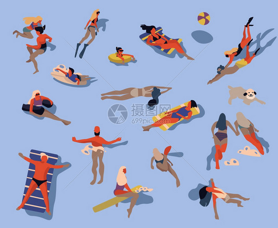 暑期在海上度假游泳人日光浴冲浪的漫画人物图片