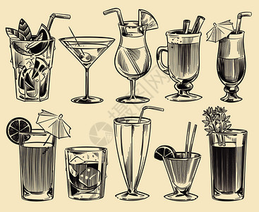 黑白手绘鸡尾酒和饮料卡通元素图片