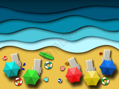 夏季假日风景沙海洋和太阳3d折纸艺术矢量图图片