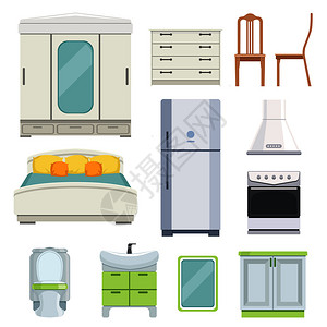 卧室厨房客厅卫生间现代室内家具插画图片