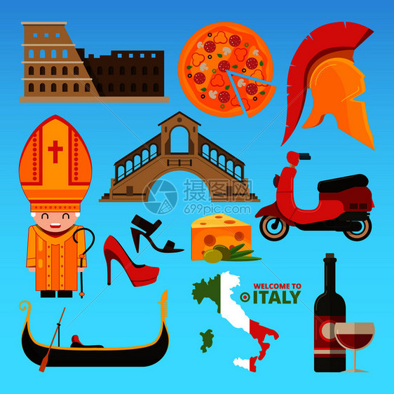 意大利建筑旅行标志符号插画图片