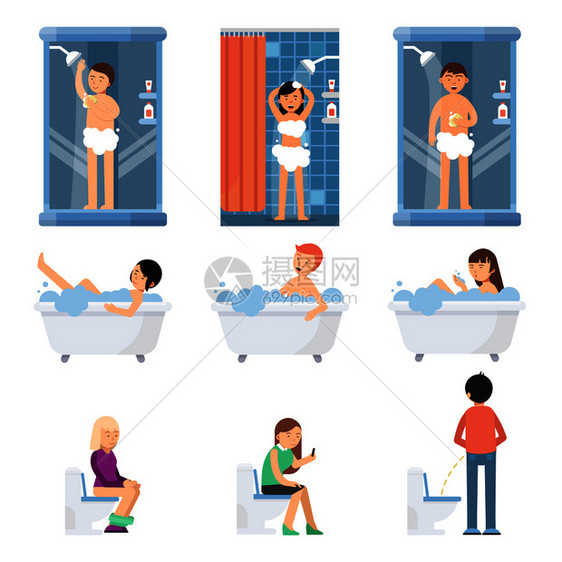 不同的人在浴室洗澡上厕所矢量背景图图片