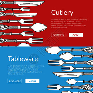 矢量水平网页横幅设置插图与手绘餐具叉子和勺子矢量网络横幅插图与手绘餐具图片