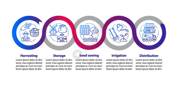 农业商展示设计要素数据可视化包括5个步骤和选项农业流程图具有线标的工作流程布局病媒信息图片