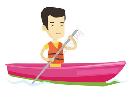 在白色背景上男运动员划独木舟矢量插图图片