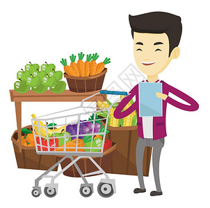 卡通蔬菜人物男人在超市按照购物清单采购食物卡通矢量人物插画