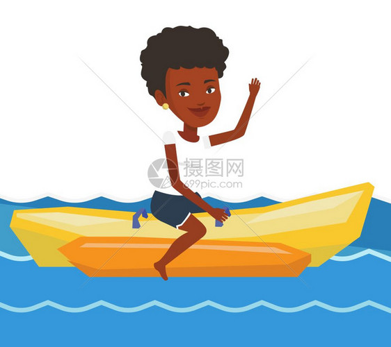 乘坐香蕉船的游客手挥舞玩得开心的年轻游客图片