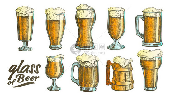 玻璃和木棍含酒精冷饮淡啤或闭着彩色馆杯配有饮料模板插图手画着玻璃泡沫啤酒套装矢量手画着玻璃泡沫啤酒套装图片