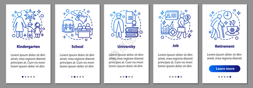 幼儿园学校大工作退休步骤指示uxi带插图的介质矢量模板图片