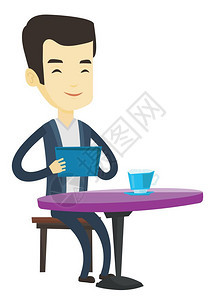 男人在咖啡馆用pad办公场景矢量插画图片