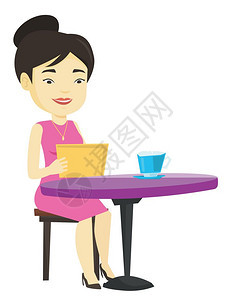 女人在咖啡馆用pad办公场景矢量插画图片