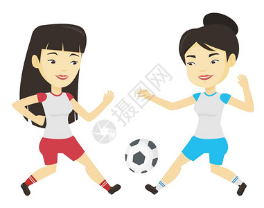 ；两位女士进行足球比赛卡通矢量插画图片