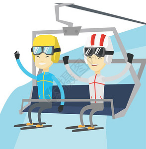 两个滑雪爱好者乘坐缆车卡通矢量插画图片