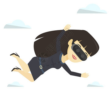 头戴VR设备的女性体验高空飞翔卡通矢量插画图片