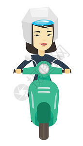 戴着头盔的年轻女性骑着摩托车卡通矢量插画图片