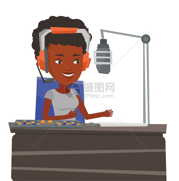 在无线电台工作的非洲女性卡通矢量插画图片