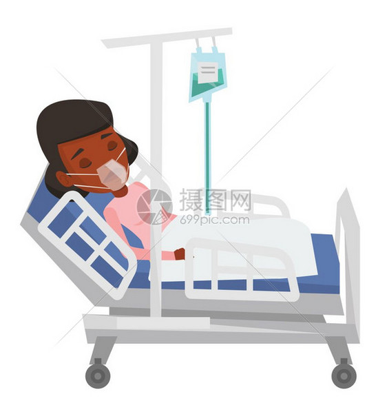 黑人女性戴着呼吸器躺在病床上输液卡通矢量插画图片
