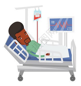 非洲男子躺在病床上输血进行心脏监测卡通矢量插画图片