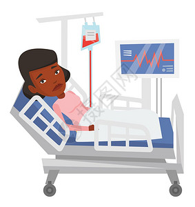 非洲女孩子躺在病床上输血进行心脏监测卡通矢量插画图片